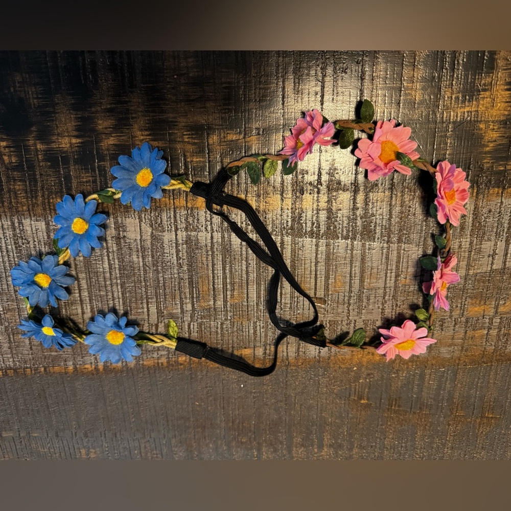 Two Braided Floral and Elastic Headbands Pink and Blue
